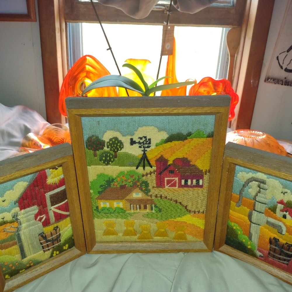 Vintage handcrafted cross-stitch set of 3